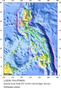 แผนที่แสดงจุดศูนย์กลางแผ่นดินไหวในฟิลิปปินส์ (ภาพ: USGS)